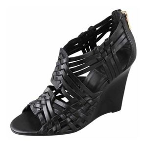 Tory Burch "Tevray" Black Leather Wedge Heels 6.5